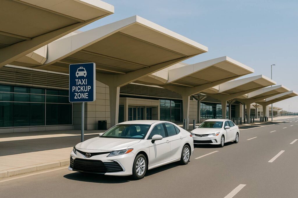 Jeddah Airport taxi pickup zone with white sedans ready for passengers traveling to Makkah