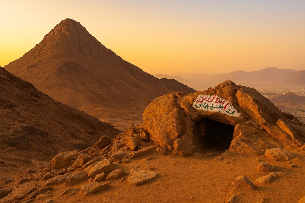 "Wide-angle view of Ghar e Hira on Jabal al Nour during sunrise, showing the mountain slope and historic cave"