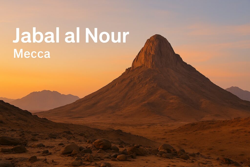 "Jabal al Nour in Mecca at sunrise, showing the mountain glowing in warm light with rocky desert terrain in the foreground"
