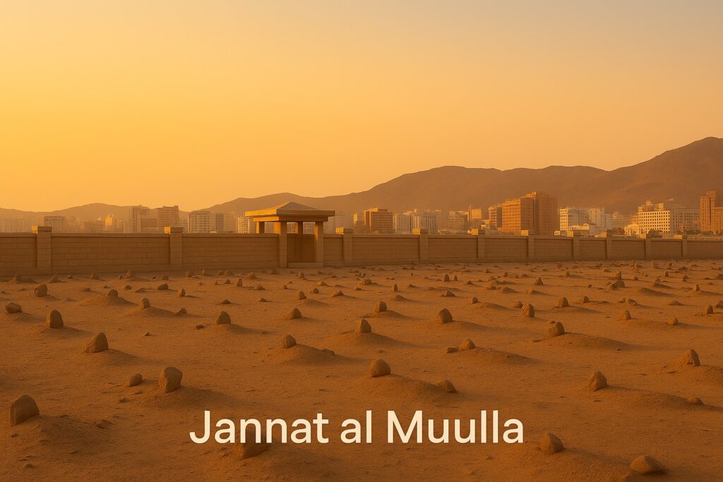 "Jannat al Mualla cemetery in Mecca during golden hour, showing historic graves and city skyline"