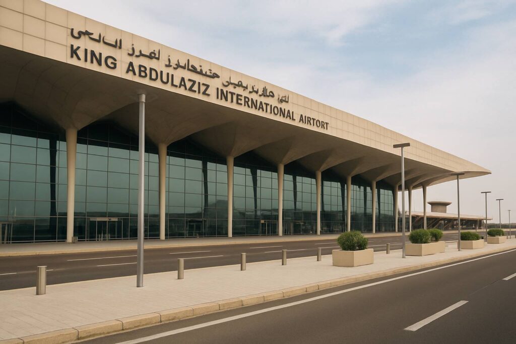 Exterior view of Jeddah King Abdulaziz International Airport showing the modern terminal building and empty drop-off area.