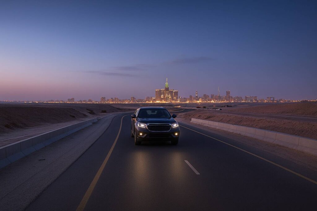 Night road leading to Makkah with an SUV approaching the city skyline.